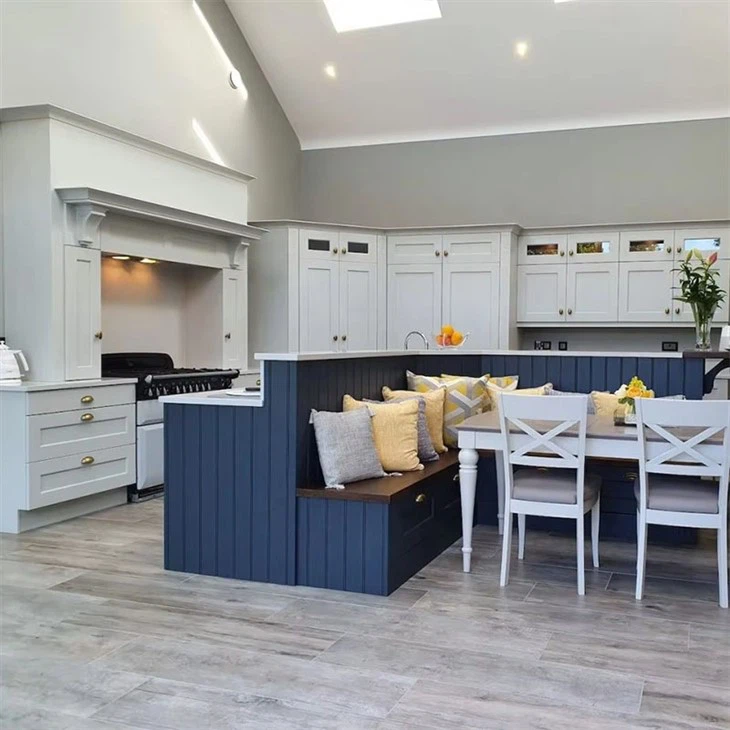 Blue Kitchen Island With Gray Cabinets