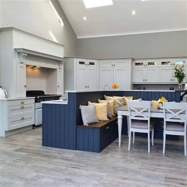 Blue Kitchen Island With Gray Cabinets